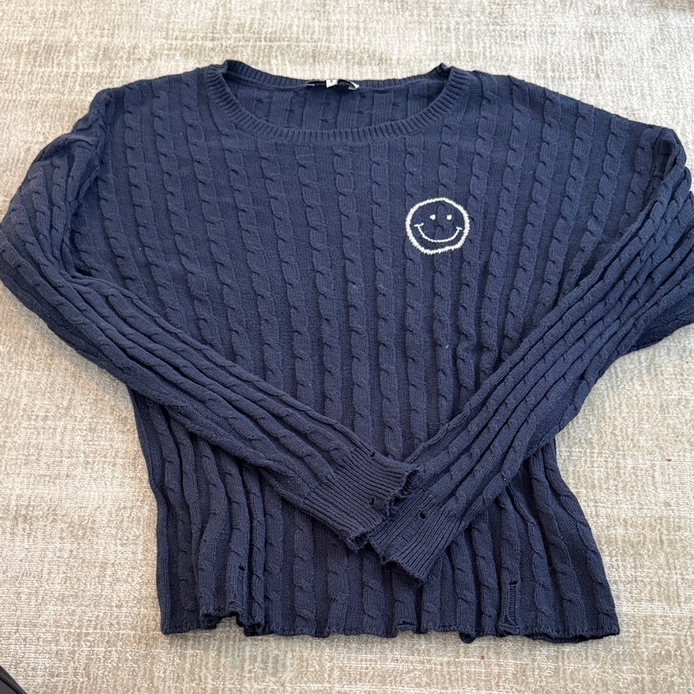Society Navy Cable-Knit Crewneck Sweater with White Smiley